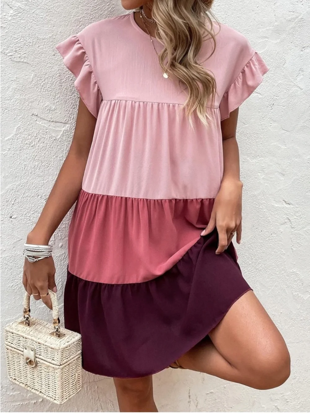 Pink Multicolor Women’s Smock Dress Ruffle Sleeve Dress Size Large - Picture 2 of 8